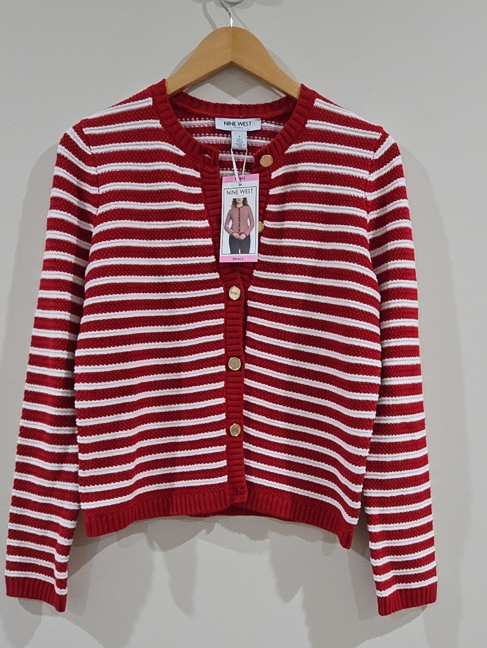 Nine West Red White Striped Button Front Knit Cardigan Small Preppy Nautical NWT